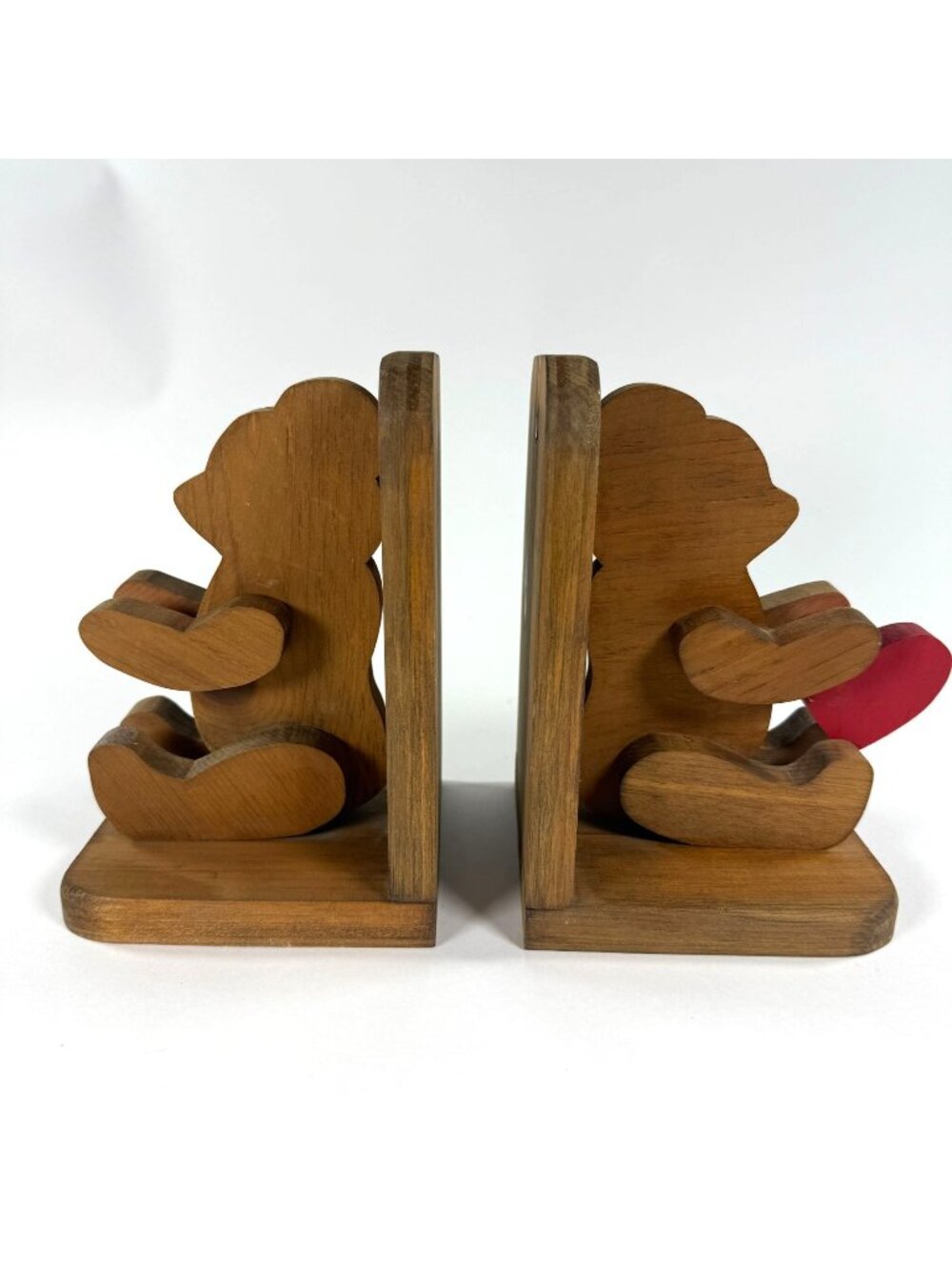 Wooden Bear Bookends With Heart Design Handcrafted Rustic Decor 5" Tall China